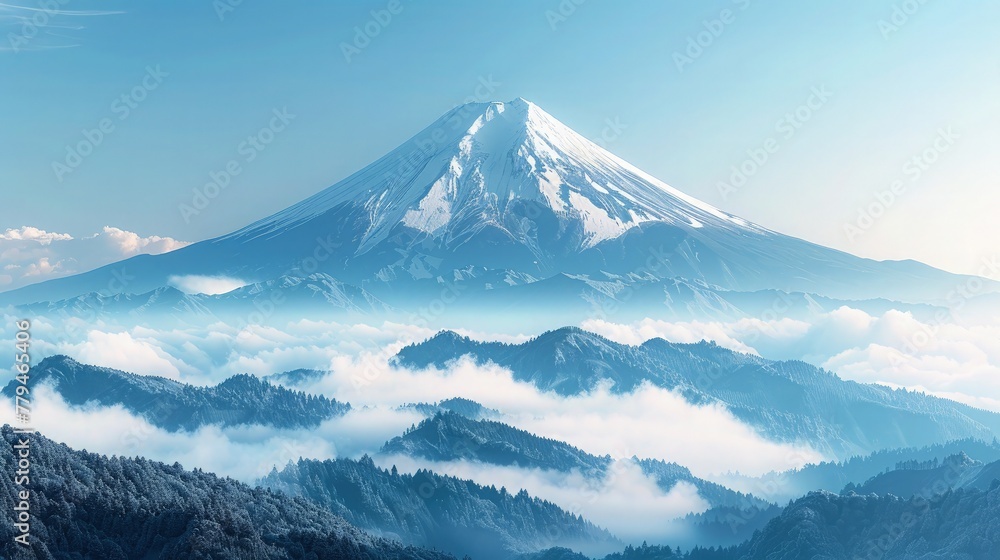 View of the majestic Mount Fuji and cloud covered forests.