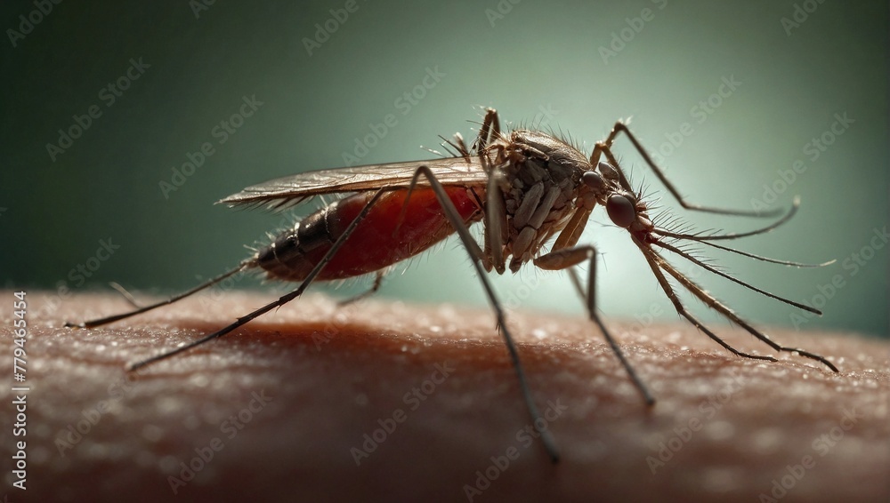 Close up view of a mosquito on human skin showing the insect's long proboscis inserted into the skin to feed on blood Close up view of a mosquito on human skin showing the insect's long proboscis inserted into the skin to feed on blood