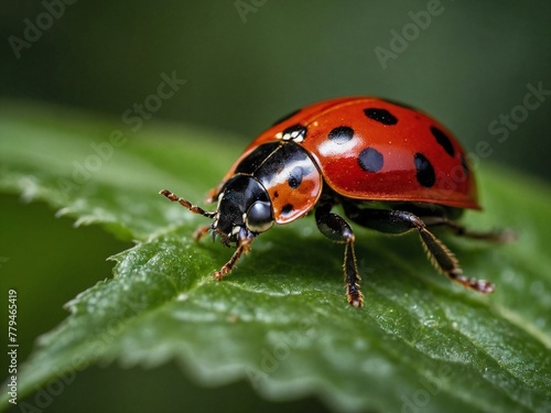Close up view of a red ladybug with black spots sitting on a green leaf © Natallia