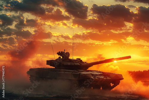 war concept, tank and smoke over sunset sky background