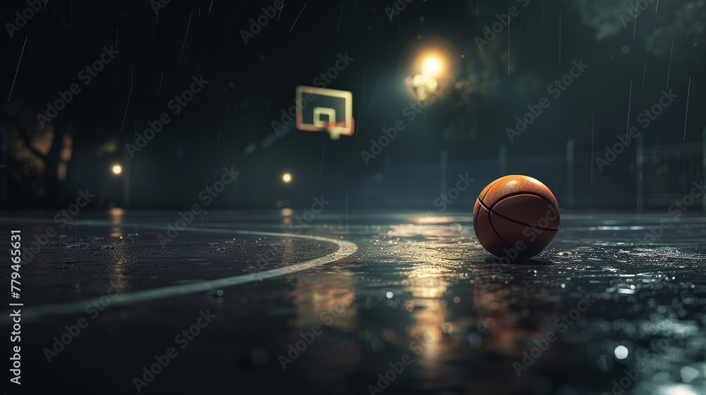 A detailed image of a dark basketball court with one light illuminating a basketball laying on the floor - obrazy, fototapety, plakaty 