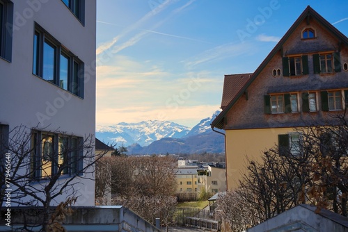 View of the alps through an alleyway of a residential neighborhood in Vaduz, Liechtenstein