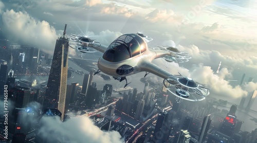 Futuristic Airplane Soaring Over Sky City