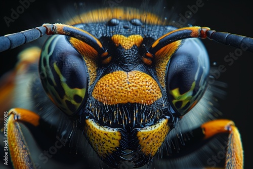 Macro photography of an insects face a wasp with a snout on a black background. This arthropod, a membranewinged insect, is a common pest and parasite in wildlife photo