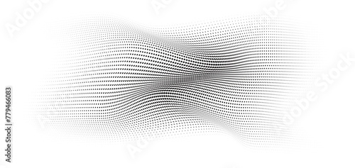 Flowing Wave Dot Halftone Pattern: Curve Gradient Shape on Transparent Background. Suitable for AI, Tech, Network, Digital, Science, and Technology Themes.