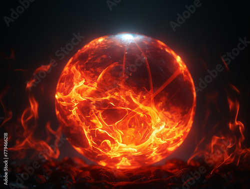 Close-up of a crystal ball with hellish visions, inferno light, ominous foretelling, 3D render , 3DCG , cinematic , 8K , high-resolution