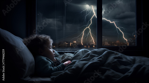 Child peacefully asleep in a lightning storm photo