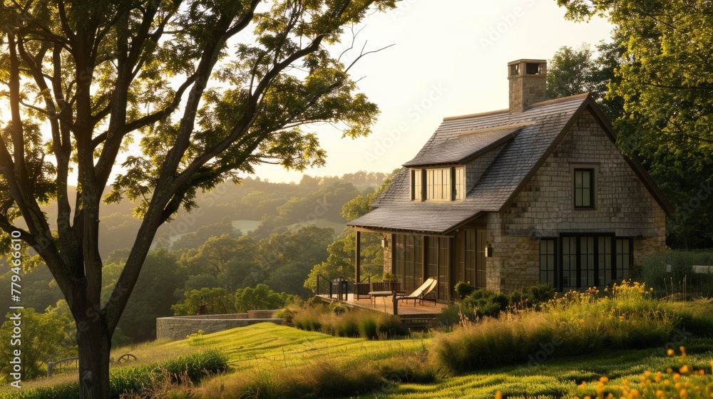 Fototapeta premium A rustic farmhouse nestled in a serene countryside setting AI generated illustration