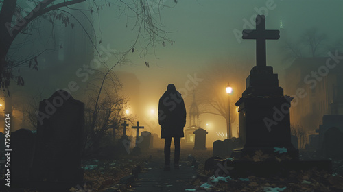 A solitary figure stands in a fog-shrouded cemetery at dusk, evoking themes of remembrance