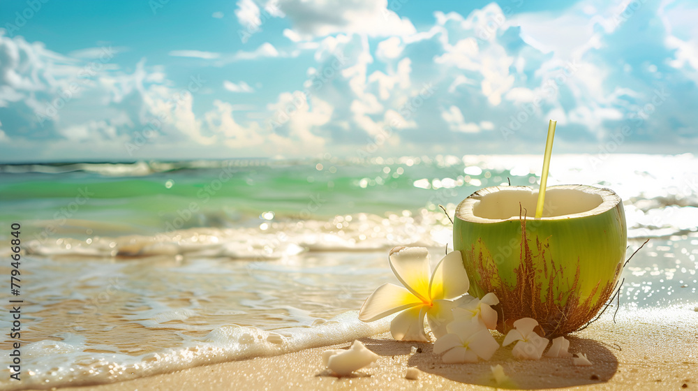 Coconut on tropical beach with palm tree and white sand. Summer vacation concept,Coconut on the sandy beach with palm tree and sea background,A fresh young coconut is ready to eat on a sand