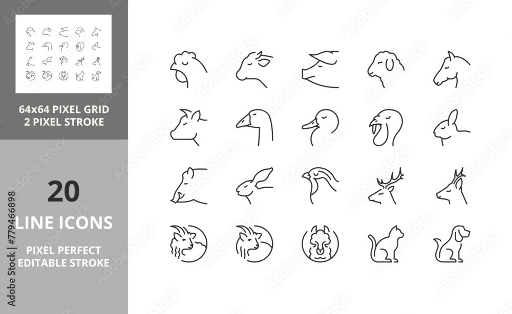 Naklejka premium Line icons about farm and hunting animals. Editable vector stroke. 64 and 256 Pixel Perfect scalable to 128px...