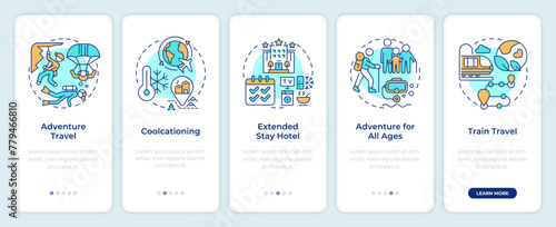 Trends in traveling onboarding mobile app screen. Walkthrough 5 steps editable graphic instructions with linear concepts. UI, UX, GUI template. Montserrat SemiBold, Regular fonts used © bsd studio