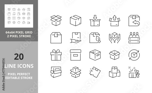 Line icons about delivery boxes and package. Editable vector stroke. 64 and 256 Pixel Perfect scalable to 128px...