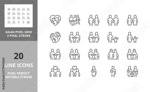 Line icons about types of family structures. Editable vector stroke. 64 and 256 Pixel Perfect scalable to 128px... © Artco