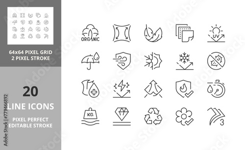 Line icons about fabric features. Editable vector stroke. 64 and 256 Pixel Perfect scalable to 128px...