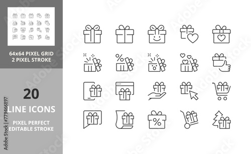 Line icons about gift boxes and presents. Editable vector stroke. 64 and 256 Pixel Perfect scalable to 128px... © Artco