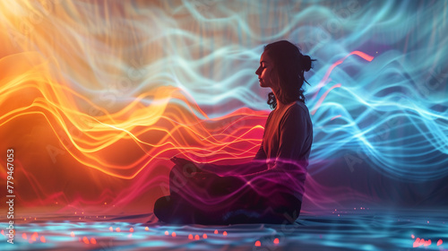 A tranquil figure is immersed in meditation, surrounded by a mesmerizing spectrum of light waves that symbolize mental clarity and calm photo