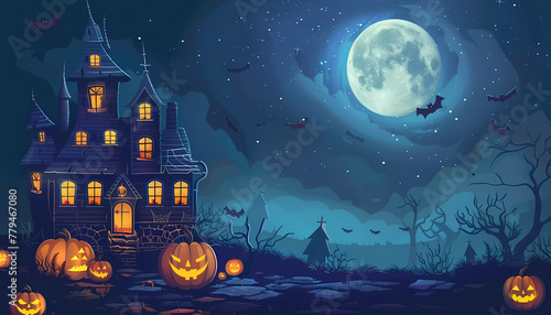 Halloween haunted house and pumpkins background illustration. Generative ai design concept art. © Stockpics
