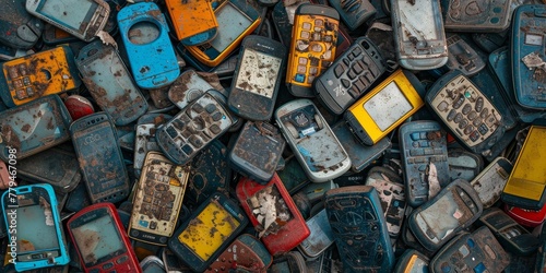 A pile of old cell phones, including a few that say 