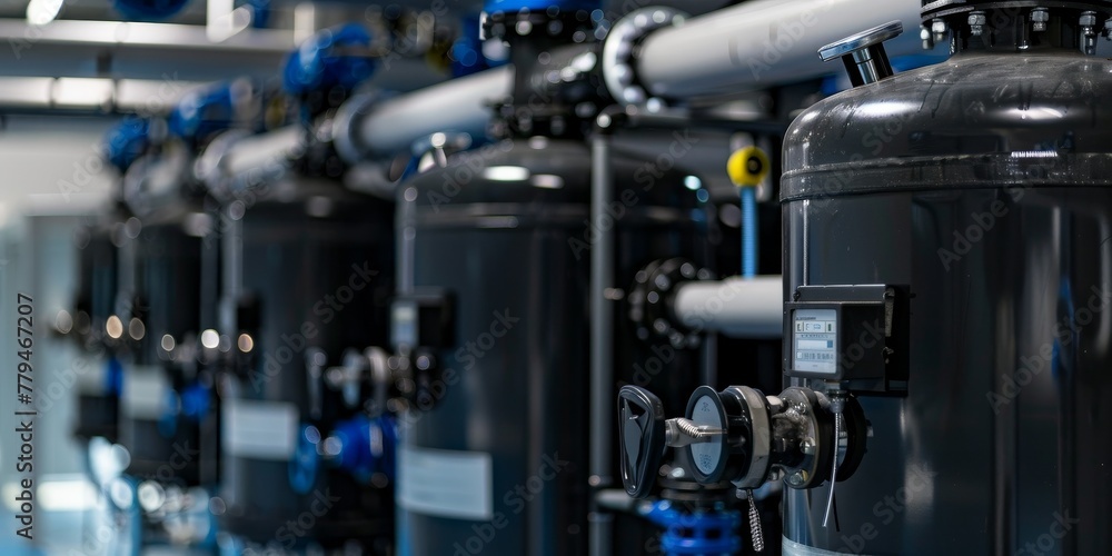 A row of tanks with a black and blue color scheme A row of tanks with a black and blue color scheme