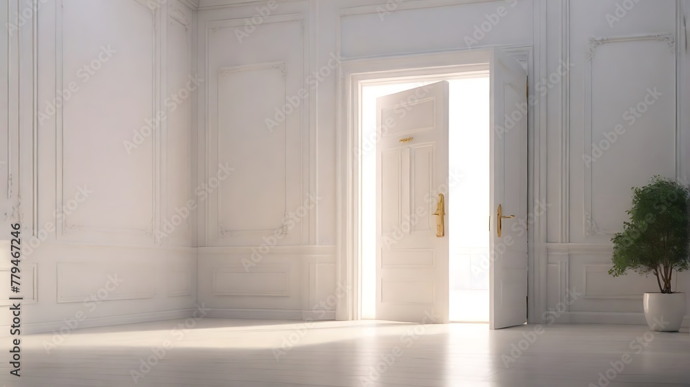 White room with wooden door open, key to success concept White room with wooden door open, key to success concept
