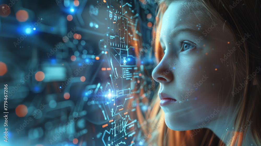 a girl's face on the background of a screen with an abstract image of electronic information with beautiful highlights on her face a girl's face on the background of a screen with an abstract image of electronic information with beautiful highlights on her face