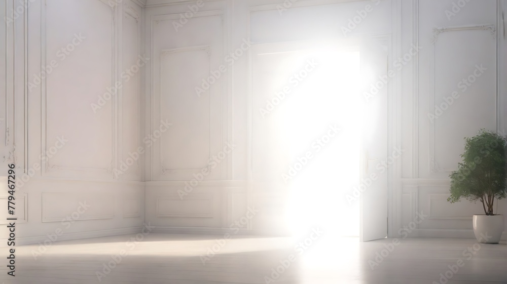 White room with wooden door open, key to success concept