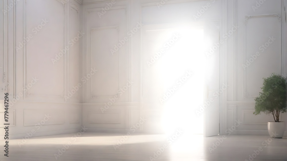 Fototapeta premium White room with wooden door open, key to success concept