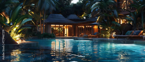 Luxurious tropical resort pool at the night. Generative ai design.