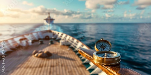 A compass is on a boat in the ocean photo