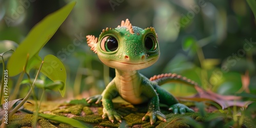 A green lizard is sitting on a mossy rock in a lush green forest