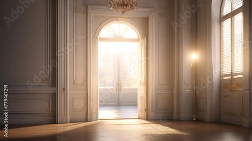 White room with wooden door open, key to success concept