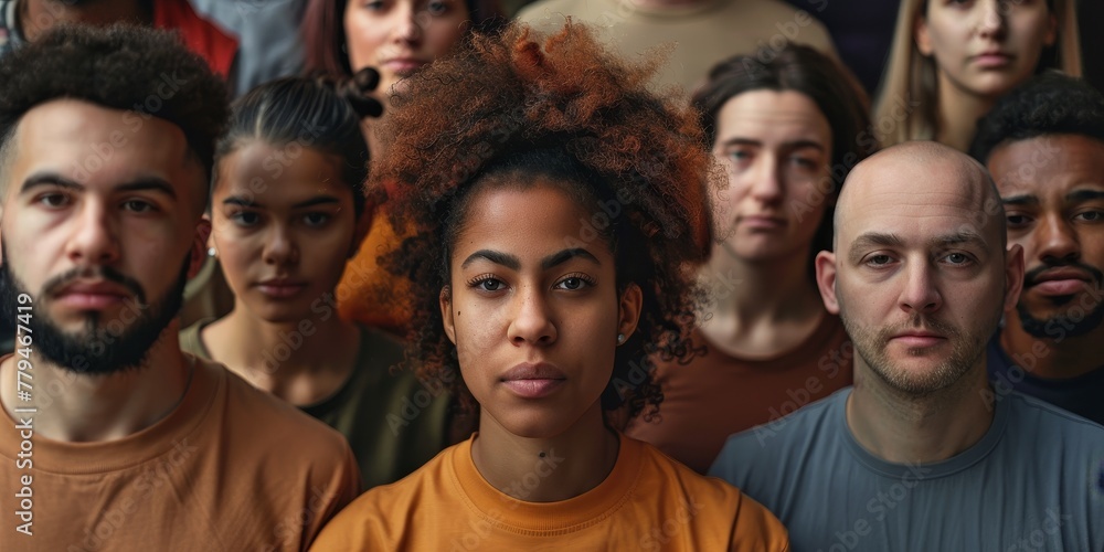 Fototapeta premium A group of people are standing together, one of them is a woman with curly hair
