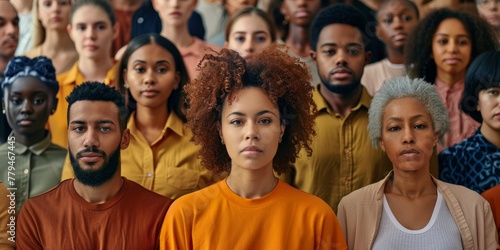 A group of people are standing together, one of them is a woman with curly hair