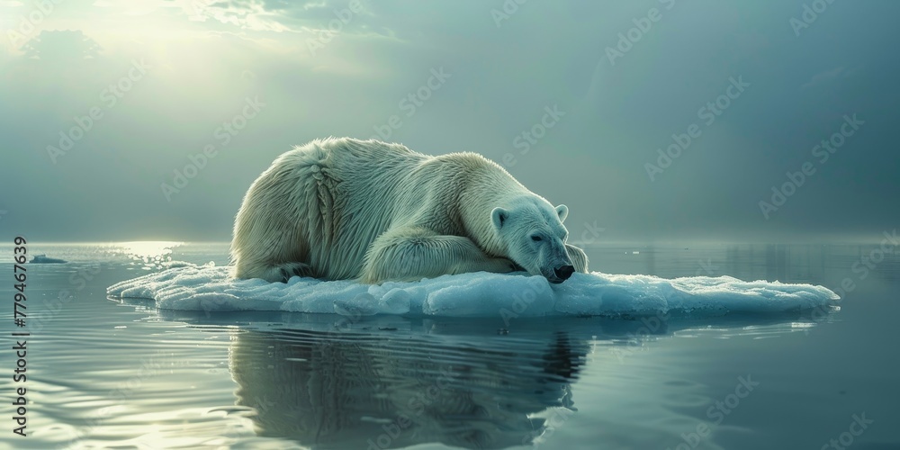 A polar bear is laying on a piece of ice in the ocean