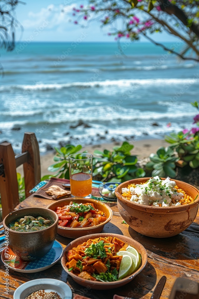 A scenic Peruvian beach setting with a table offering fresh ceviche, lomo saltado served in a traditional clay plate, and aji de gallina, with the Pacific Ocean in the background.