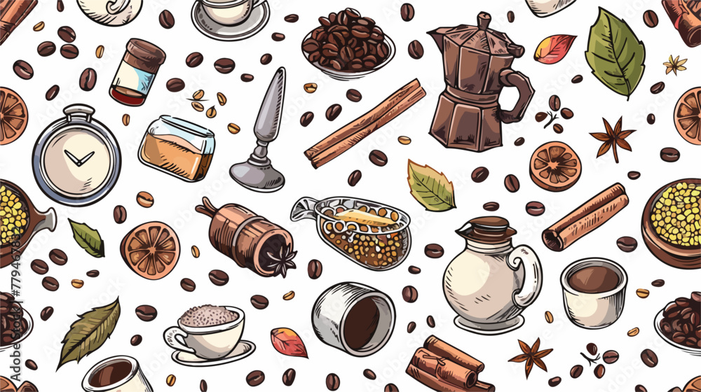 Seamless vertical pattern of coffee theme doodles obje