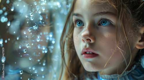 Portrait of a 10-year-old girl with blue eyes on the background of glass with water drops.