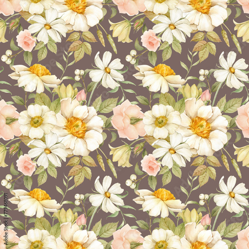 Seamless pattern of watercolor flowers  white peonies  pink roses  cosmos flowers  anemones  branches with berries  buds  herbs and leaves. All elements are hand-drawn with watercolors and isolated.