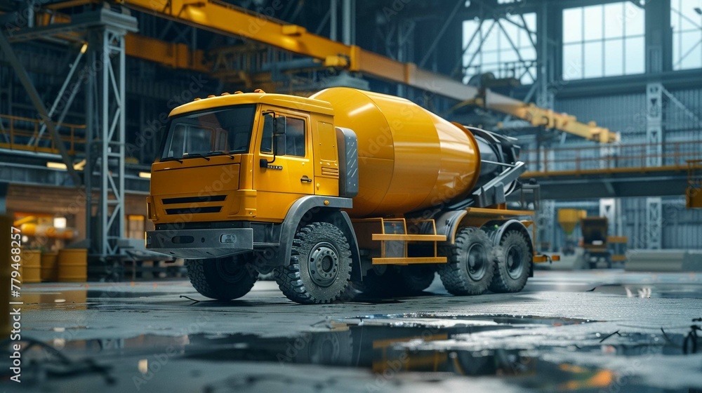 A contemporary yellow cement mixer truck stands ready in an industrial facility with metallic structures. A contemporary yellow cement mixer truck stands ready in an industrial facility with metallic structures.