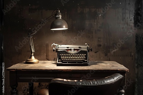 A classic vintage typewriter set on a wooden desk illuminated by a desk lamp photo