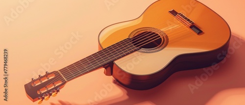A classical acoustic guitar resting against a soft peach background