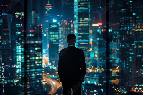 A contemplative businessman views a glittering cityscape at night