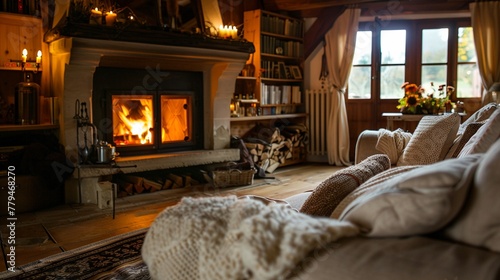 A cozy and inviting living room furnished with a plush white sofa and a warm photo