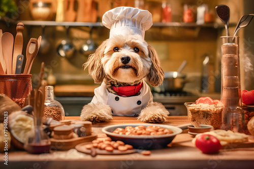 dog in a chef's hat and apron, surrounded by cooking utensils and ingredients ai generated art