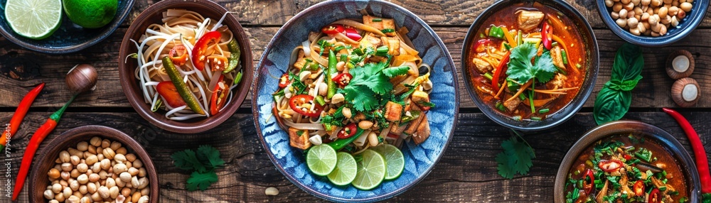 A rustic kitchen setting in a Thai home, with close-ups of pad Thai with peanuts and lime wedges, tom yum goong with its rich, spicy broth, and green curry with chunks of chicken and eggplant. - obrazy, fototapety, plakaty 