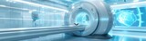 A futuristic MRI scanner dominates the room in a high-tech medical facility