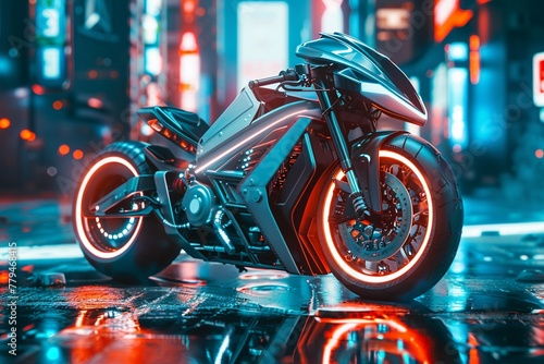 A futuristic electric motorcycle with innovative design features glowing elements