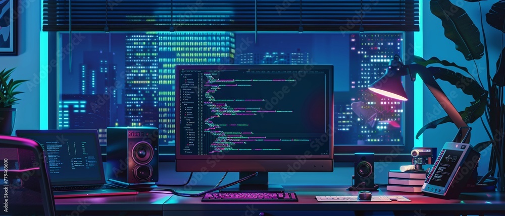custom made wallpaper toronto digitalA modern workspace with a computer displaying programming code