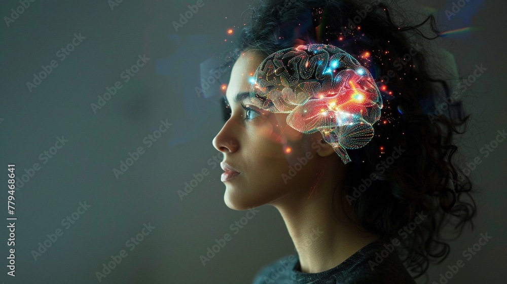 custom made wallpaper toronto digitalA pensive woman with a projected holographic brain image representing thought